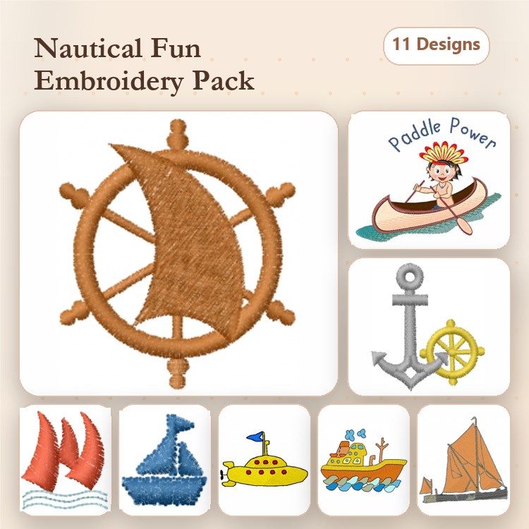 Nautical Theme Embroidery Designs Bundle – Sailboat, Steering Wheel, Anchor & More (11 Designs)