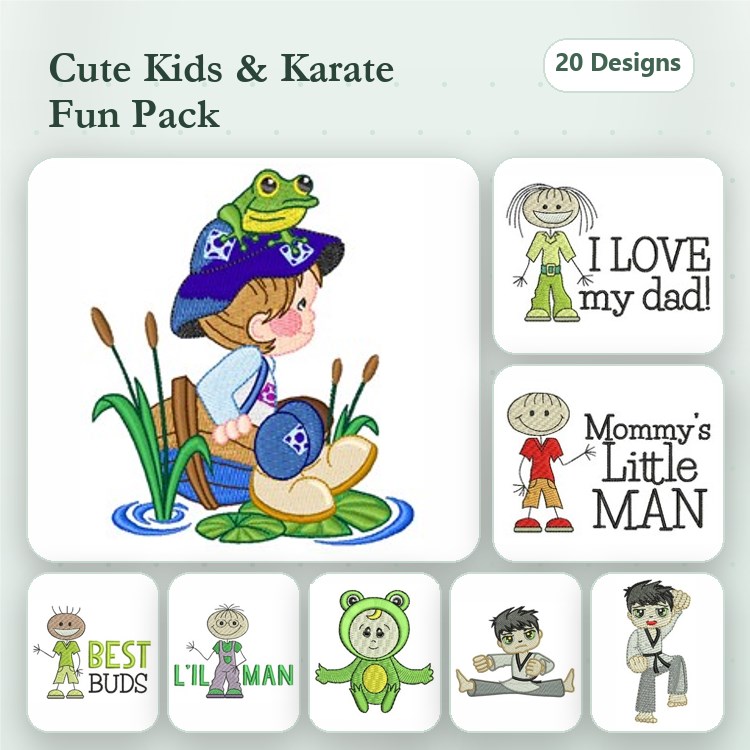 Cute Kids & Karate Embroidery Designs Bundle – Pirate Kid with Frog, I Love My Dad, Karate Kid Pose 1 & More (20 Designs)