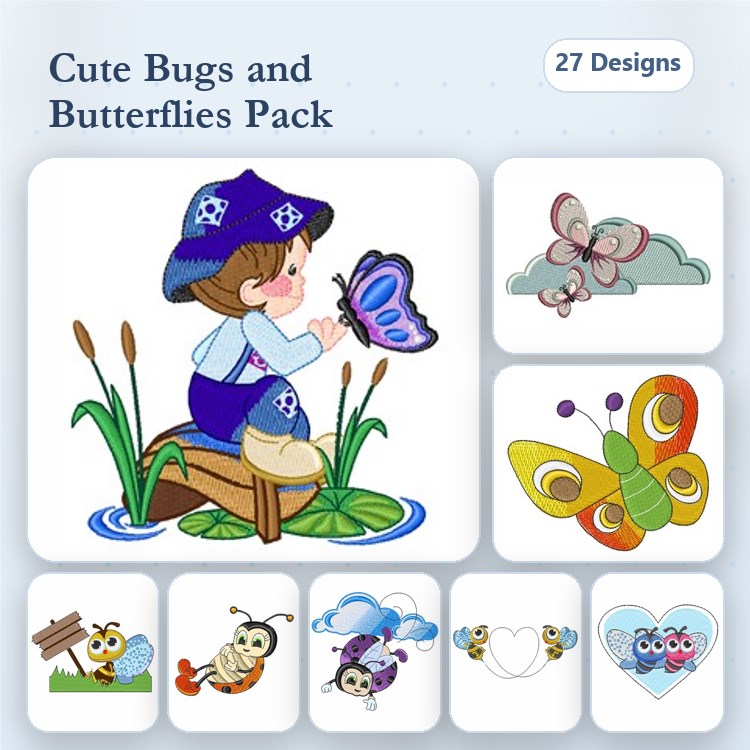 Cute Bugs & Butterflies Embroidery Bundle – Boy with Butterfly, Pink Butterfly, Bee & More (27 Designs)