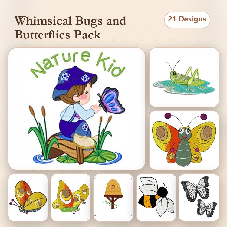 Nature Kid & Insect Embroidery Designs Bundle – Butterfly, Grasshopper, Ladybug & More (21 Designs)