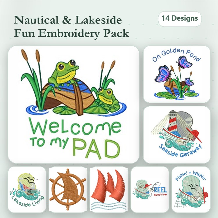 Nautical & Lakeside Embroidery Designs Bundle – Welcome to my Pad, Seaside Getaway, Lighthouse & More (14 Designs)
