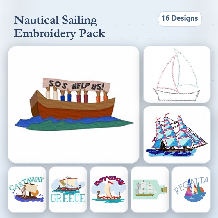 Nautical Sailing Embroidery Designs Bundle – SOS Help Us Boat, Sailboat, Tall Ship & More (16 Designs)