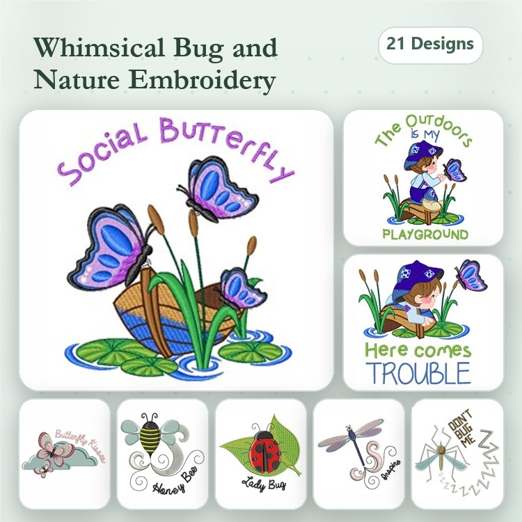 Nature-Inspired Bugs Embroidery Designs Bundle – Social Butterfly, Lady Bug, Dragonfly & More (21 Designs)