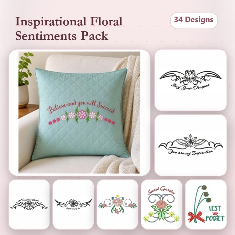 Floral Quotes Embroidery Designs Bundle – Believe and you will succeed, You are my Inspiration & More (34 Designs)