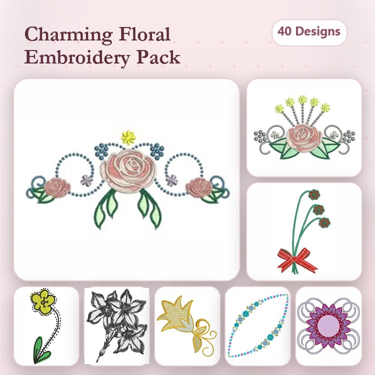Floral Designs Embroidery Bundle – Rose with Leaves, Floral Bouquet, Daisy Design & More (40 Designs)