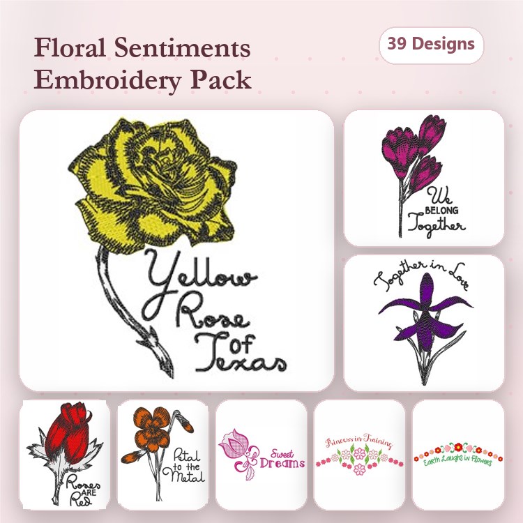 Floral Embroidery Designs Bundle – Yellow Rose of Texas, Red Rose, Purple Floral & More (39 Designs)