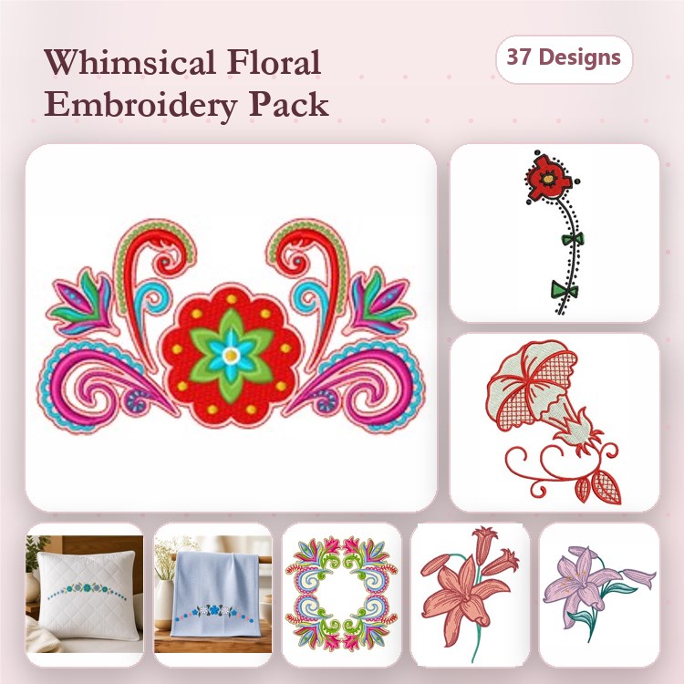 Floral Embroidery Designs Bundle – Floral Swirl, Single Stem Flower, Lily Design & More (37 Designs)