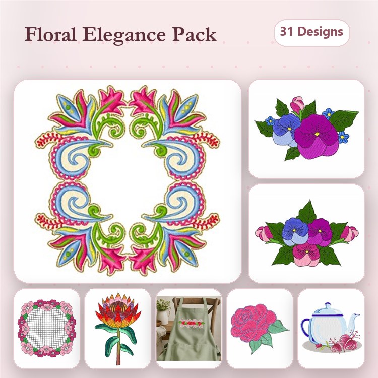 Floral Embroidery Designs Bundle – Floral Border, Petunia Bouquet, Pink Rose with Leaves & More (31 Designs)