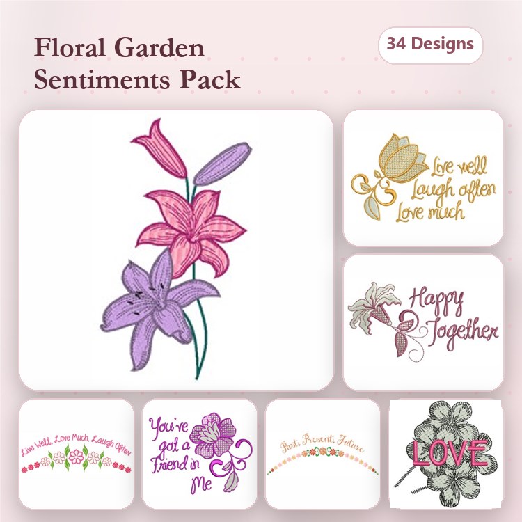 Floral and Sentimental Embroidery Designs Bundle – Pink Lily, Purple Lily, Live Well Laugh Often & More (34 Designs)