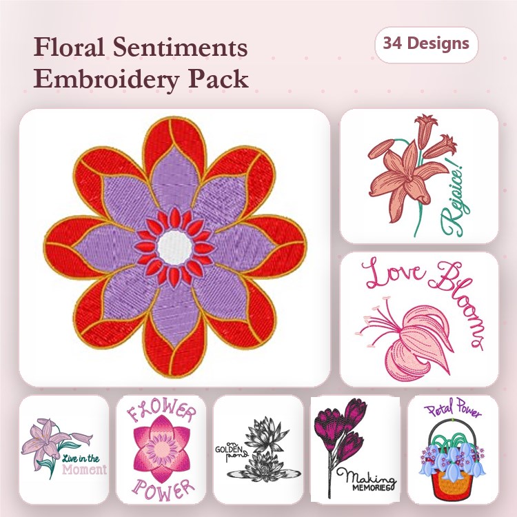 Floral Embroidery Designs Bundle – Flower Power, Love Blooms, Be Happy & More (34 Designs)