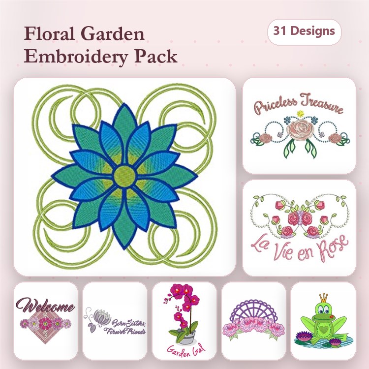 Floral Embroidery Designs Bundle – Floral Star, Welcome Sign, Pink Orchid & More (31 Designs)