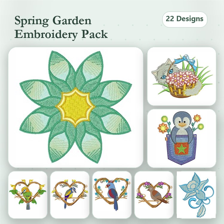 Spring-Themed Embroidery Designs Bundle – Flower Motif, Cat in Basket, Penguin with Stars & More (22 Designs)