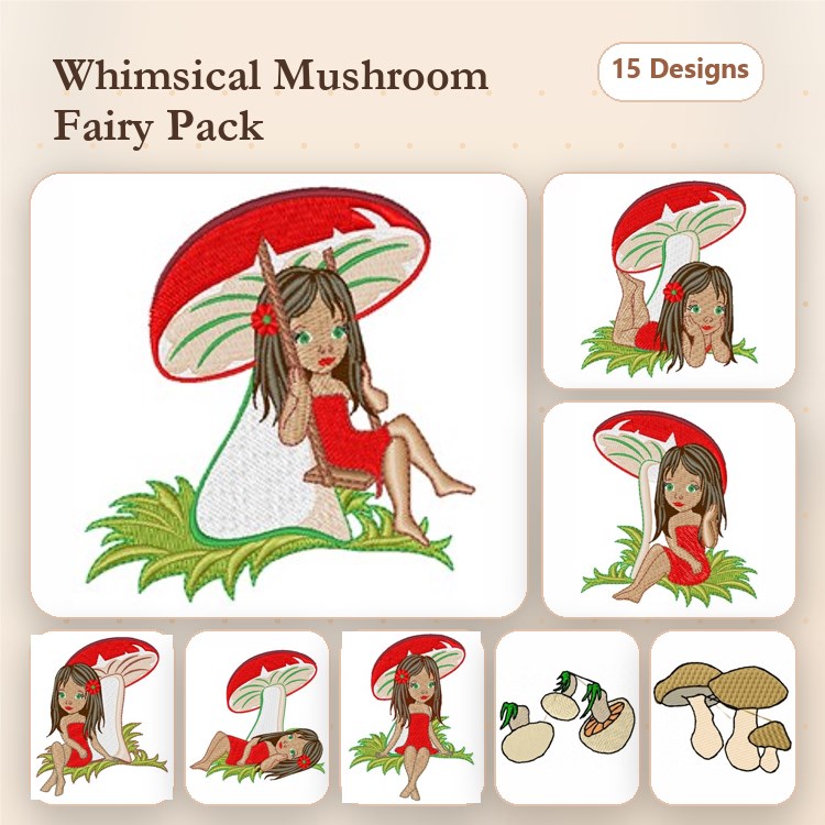 Mushroom Fairy Embroidery Designs Bundle – Mushroom Fairy Sitting, Profile, Small Cluster & More (15 Designs)
