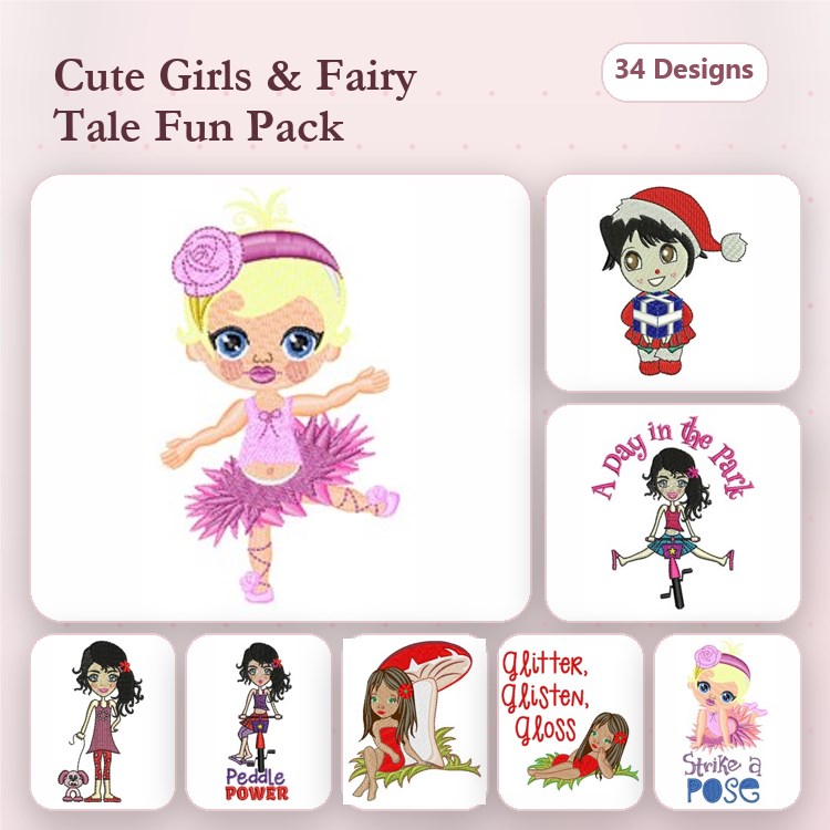 Cute Girls & Fairy Tale Characters Embroidery Designs Bundle – Ballet Dancer, Girl in Santa Hat, A Day in the Park Girl & More (34 Designs)