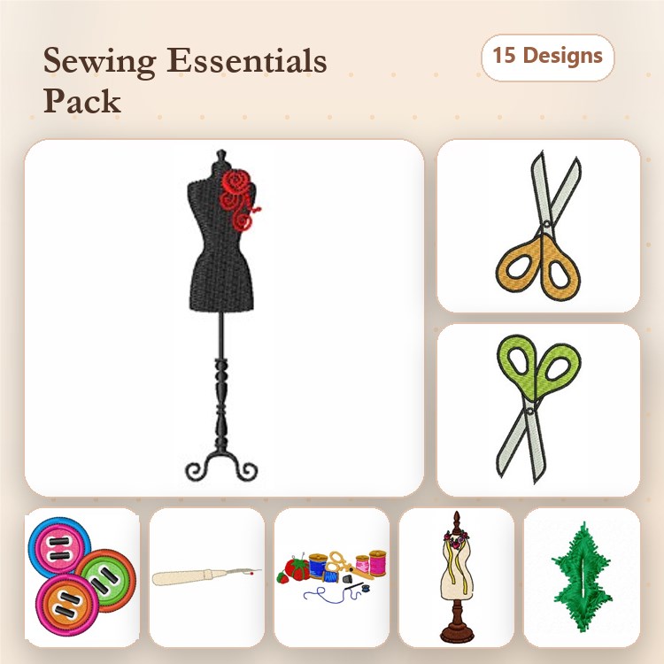 Sewing Essentials Embroidery Designs Bundle – Dress Form with Roses, Scissors, Sewing Buttons & More (15 Designs)