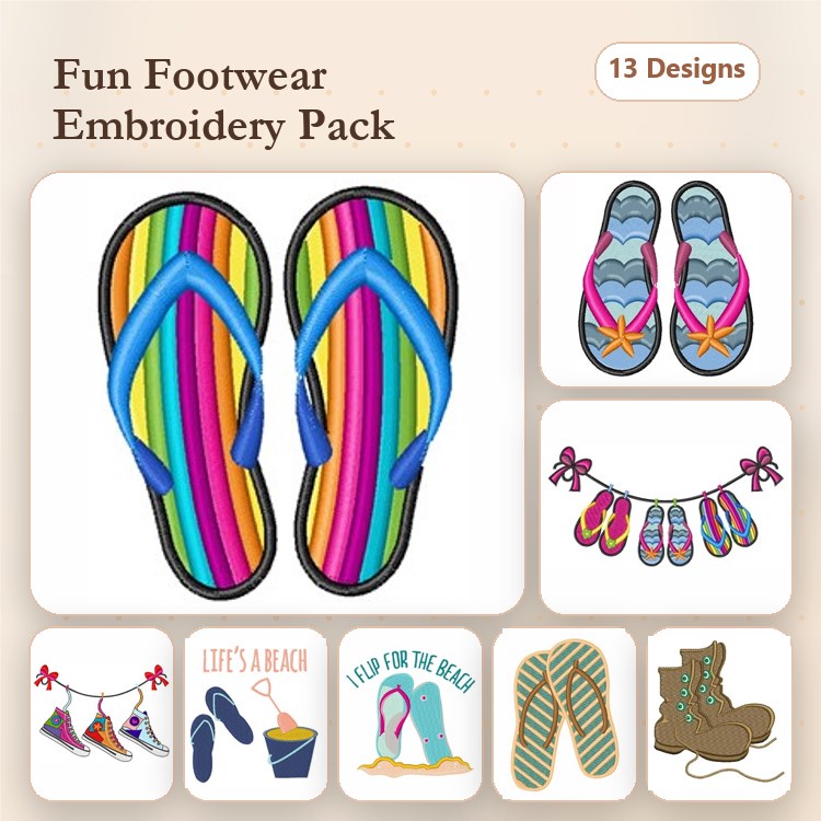 Footwear Designs Embroidery Bundle – Rainbow Flip Flops, Blue Sandals, Boots & More (13 Designs)