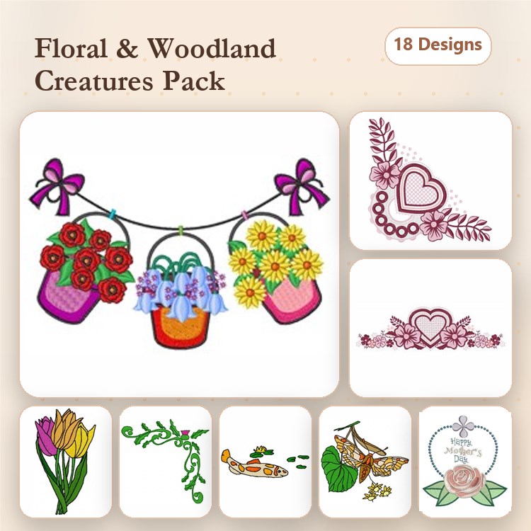 Floral and Woodland Embroidery Designs Bundle – Flower Basket with Red Roses, Hummingbird with Flowers, Woodland Creatures & More (18 Designs)