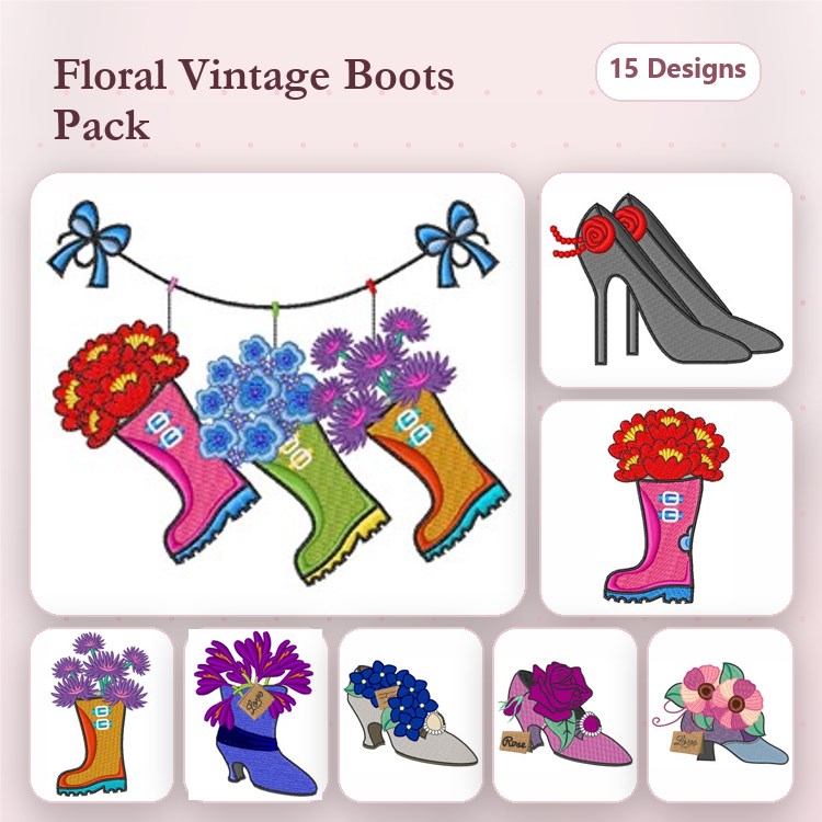 Floral Vintage Boots Embroidery Designs Bundle – Colorful Floral Rain Boots, High Heels with Flowers & More (15 Designs)