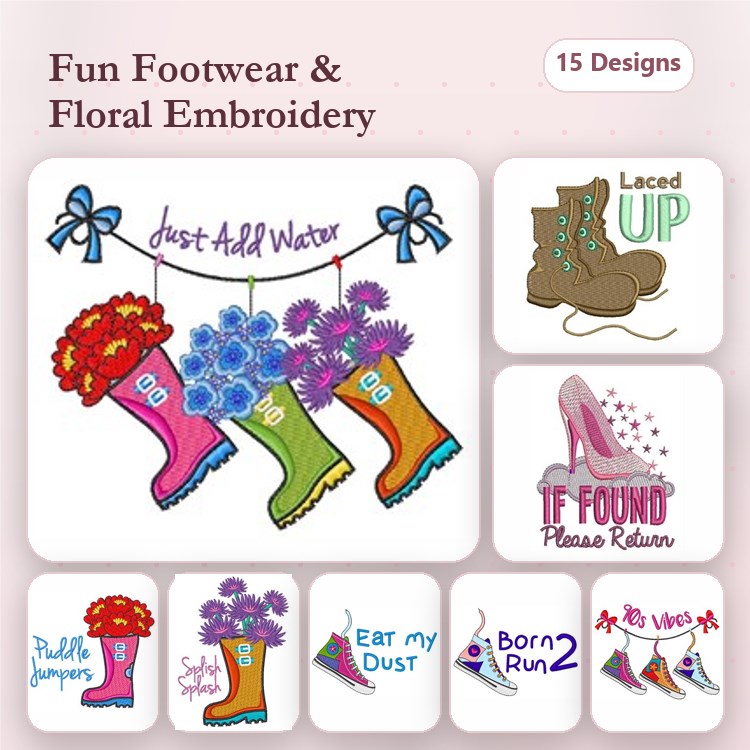 Floral Boots Embroidery Designs Bundle – Just Add Water, Laced Up Boots, Floral Boots with Red Flowers & More (15 Designs)