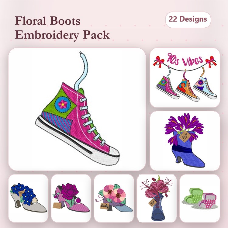 Floral-Themed Boots Embroidery Designs Bundle – Floral High-top Sneaker, Flowered Ankle Boot, & More (22 Designs)