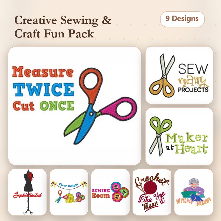 Sewing and Craft Themes Embroidery Designs Bundle – Measure Twice Cut Once, Scissors, Maker at Heart & More (9 Designs)
