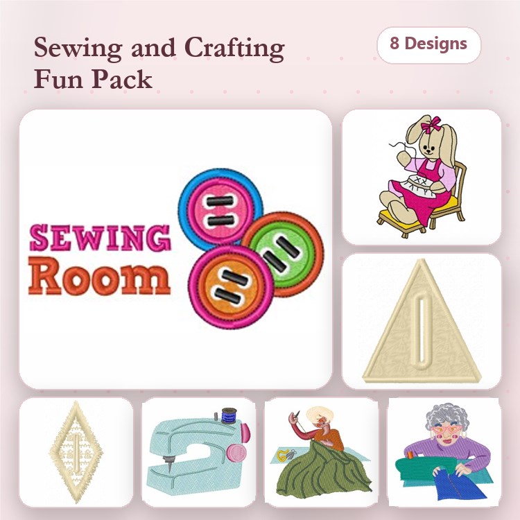 Sewing & Crafting Embroidery Designs Bundle – Sewing Machine, Sewing Bunny, Sewing Room Sign & More (8 Designs)