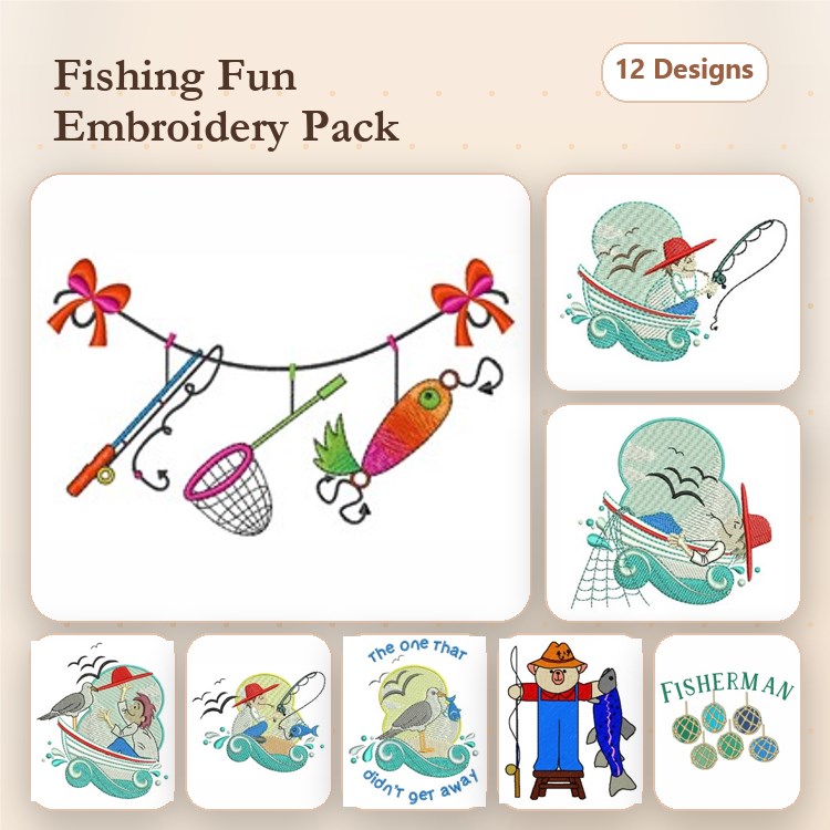 Fishing Theme Embroidery Designs Bundle – Fishing Rod, Fisherman, Fish & More (12 Designs)