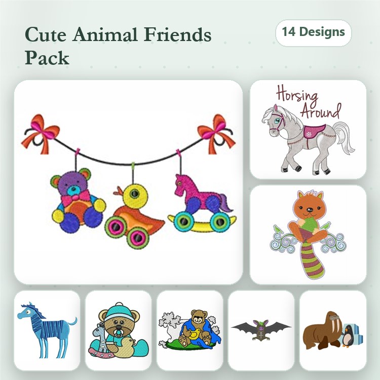 Cute Animal Embroidery Designs Bundle – Dressed Horse, Stuffed Bear, Toy Duck & More (14 Designs)