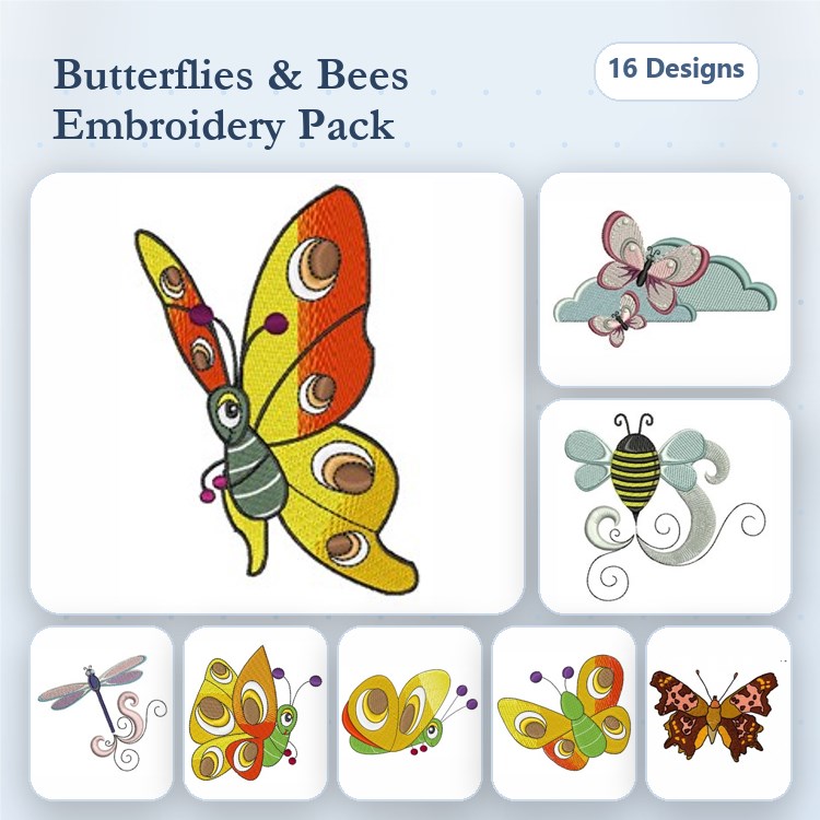 Butterflies & Bees Embroidery Designs Bundle – Colorful Butterfly, Bees with Swirls, Dragonfly & More (16 Designs)
