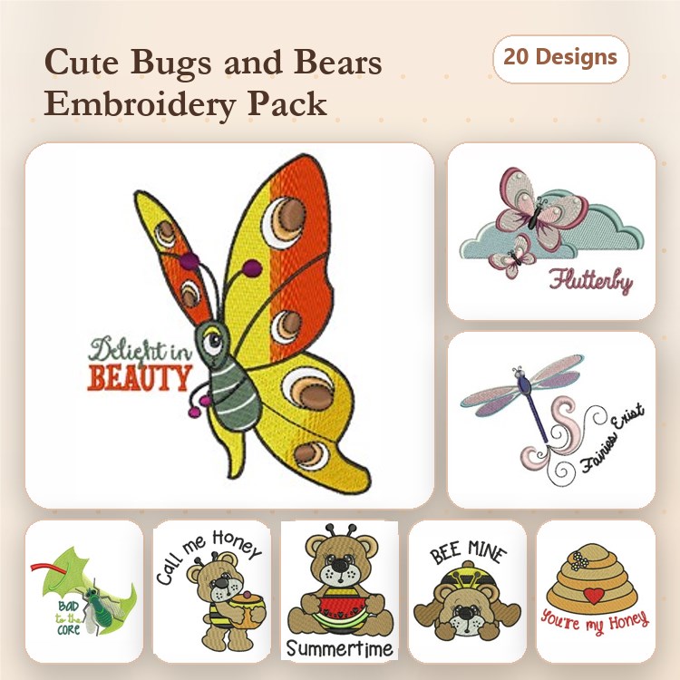 Bugs and Bears Embroidery Designs Bundle – Butterfly, Dragonfly, Bear with Honey & More (20 Designs)