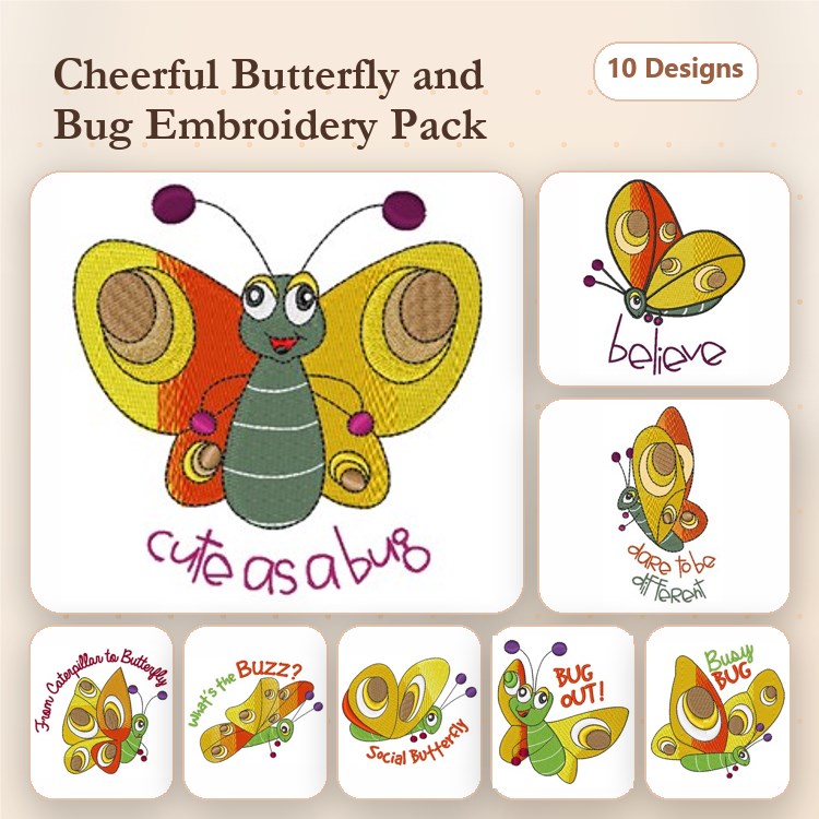 Cheerful Butterflies & Bugs Embroidery Designs Bundle – Cute As A Bug Butterfly, Buzzing Bug, Social Butterfly & More (10 Designs)