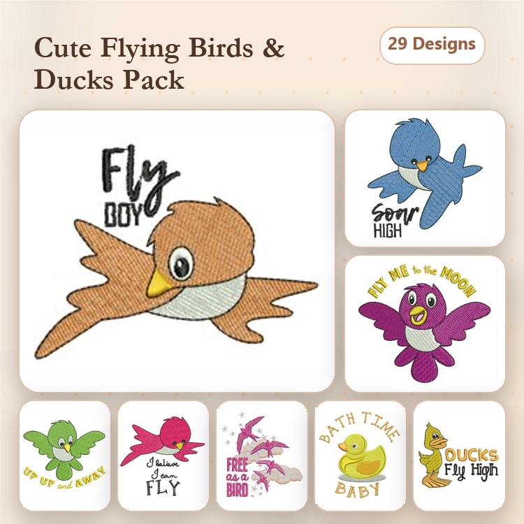 Cute Flying Birds & Ducks Embroidery Designs Bundle – Fly Boy Bird, Bath Time Baby Duck, Ducks Fly High & More (29 Designs)
