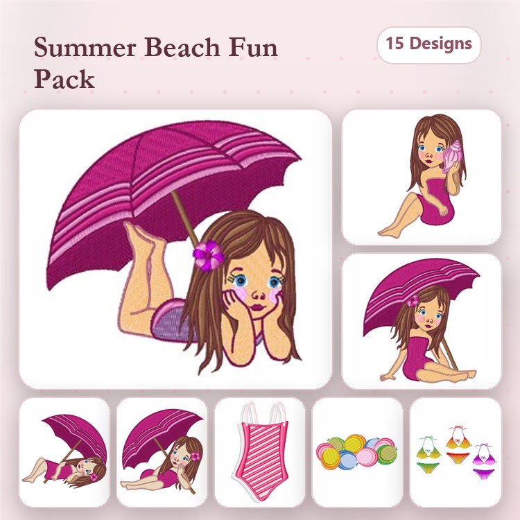 Summer Beach Themed Embroidery Designs Bundle – Girl with Beach Umbrella, Girl in Swimsuit, Beach Balls & More (15 Designs)