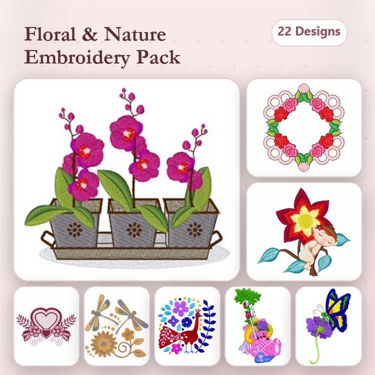 Floral and Nature Embroidery Designs Bundle – Orchid Pot, Flower Wreath, Star Flower & More (22 Designs)