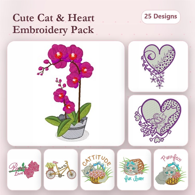 Cute Cats & Floral Hearts Embroidery Designs Bundle – Orchid Plant, Heart with Flowers, Bicycle & More (25 Designs)