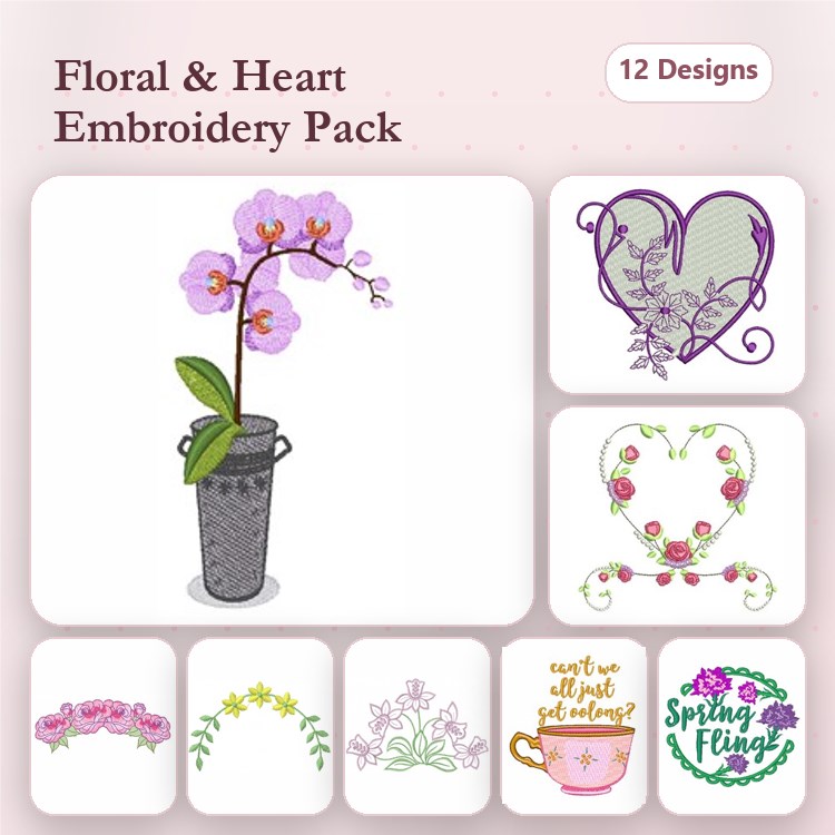 Floral & Heart Embroidery Designs Bundle – Orchid in Vase, Heart with Flowers, Rose Bouquet & More (12 Designs)