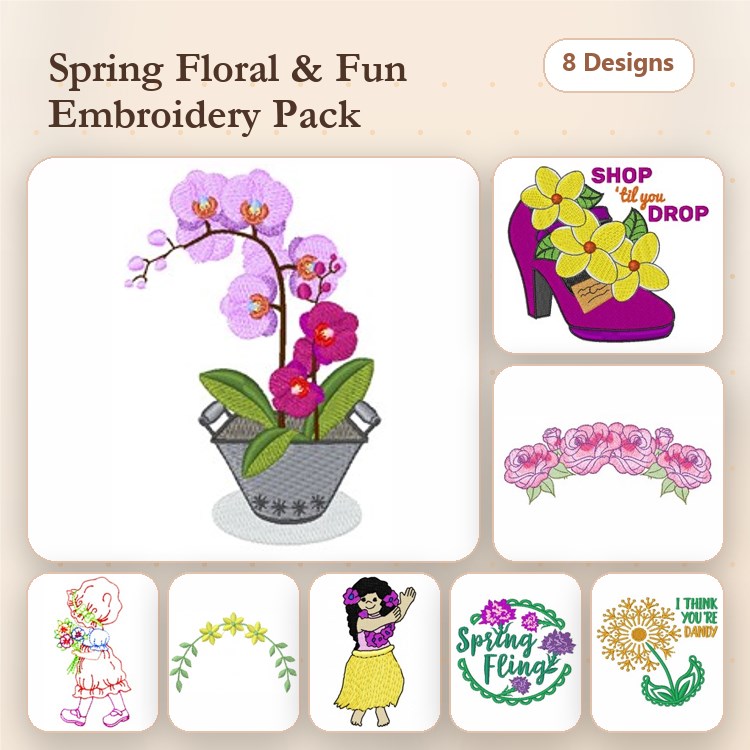 Spring Floral Embroidery Designs Bundle – Orchid Flower Pot, Flower High Heel, Girl with Flowers & More (8 Designs)