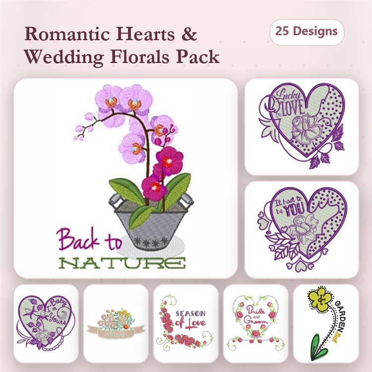 Romantic Hearts & Wedding Florals Embroidery Designs Bundle – Orchid in a Bucket, Heart of Love, Floral Heart Design & More (25 Designs)
