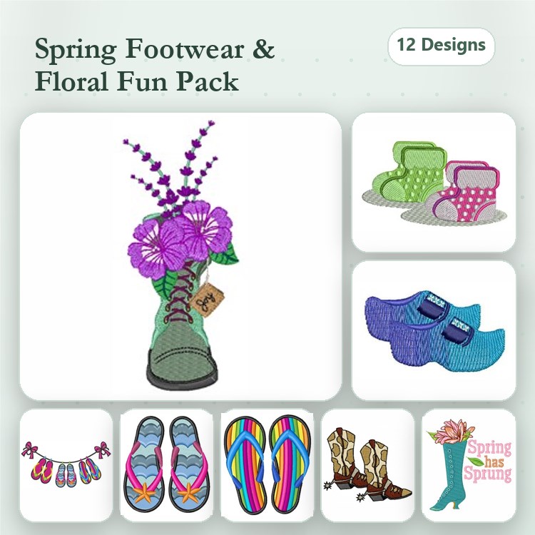 Spring Footwear Embroidery Designs Bundle – Floral Boot, Green Rainboot, Blue Flowered Clogs & More (12 Designs)