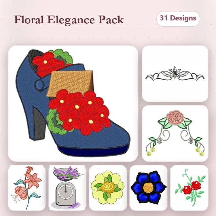 Floral Embroidery Designs Bundle – High Heel Shoe with Flowers, Floral Frame, Rose Bud & More (31 Designs)
