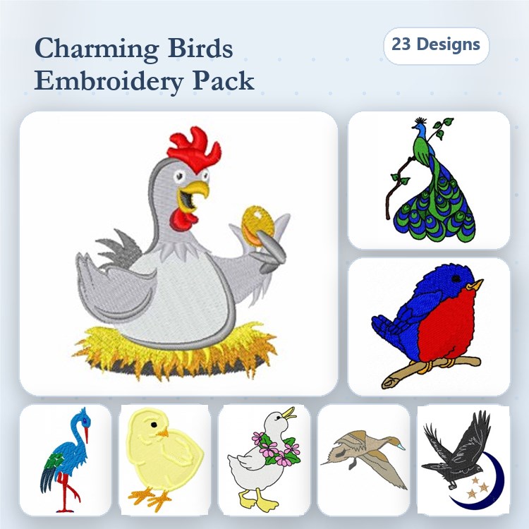 Charming Birds Embroidery Bundle – Rooster with Chick, Peacock, Cardinal & More (23 Designs)