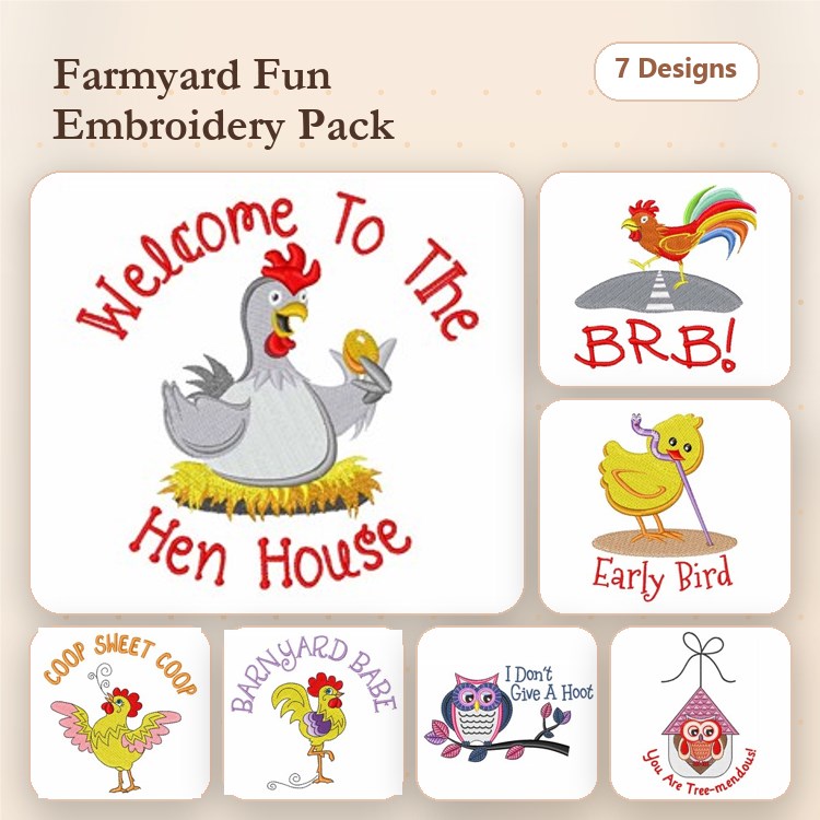 Farmyard Animals Embroidery Bundle – Welcome To The Hen House, Rooster, Early Bird & More (7 Designs)