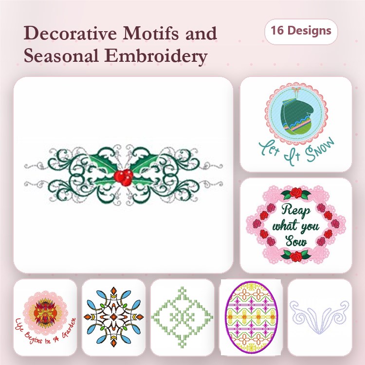 Seasonal Motifs Embroidery Bundle – Holly Decorative Motif, Snow Globe, Christmas Ornament & More (16 Designs)