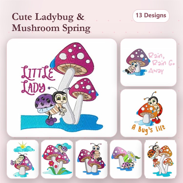 Ladybug & Mushroom Embroidery Bundle – Happy Ladybug, Little Ladybug with Mushroom, Mushroom House & More (13 Designs)