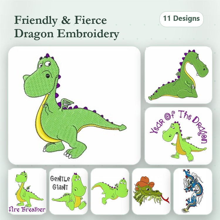 Friendly & Fierce Dragons Embroidery Bundle – Friendly Green Dragon, Fire Breather Dragon, Cute Dragon Character & More (11 Designs)