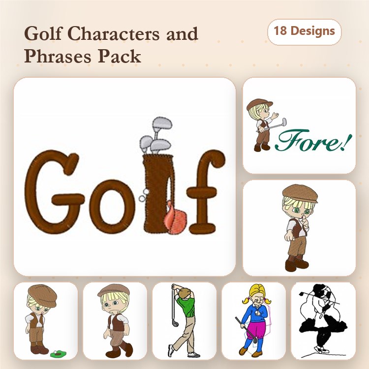 Golf Characters & Phrases Embroidery Designs Bundle – Golf Lettering, Boy Golfer, Girl Golfer & More (18 Designs)