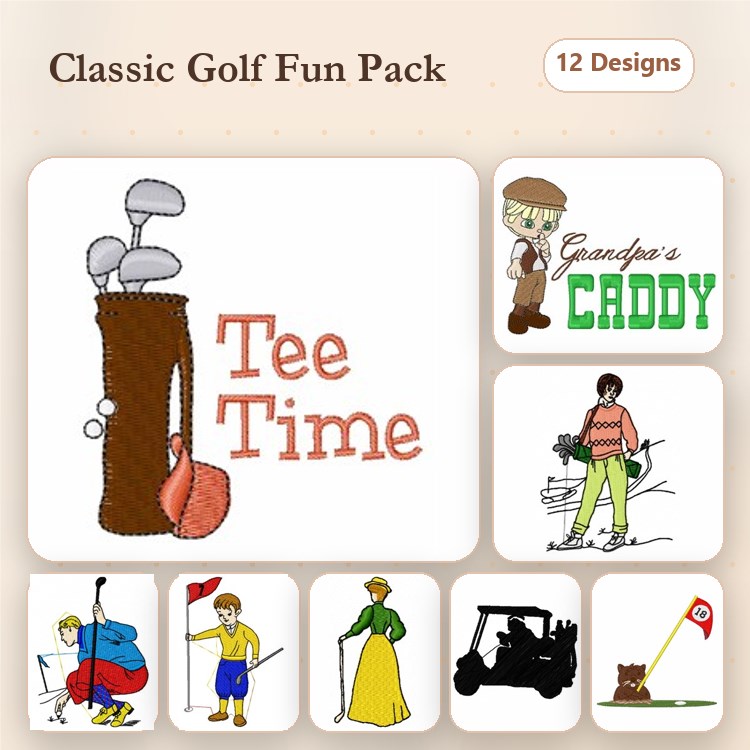 Golf-Themed Embroidery Designs Bundle – Golf Clubs in Bag, Golfer Swinging Club, Tee Time & More (12 Designs)