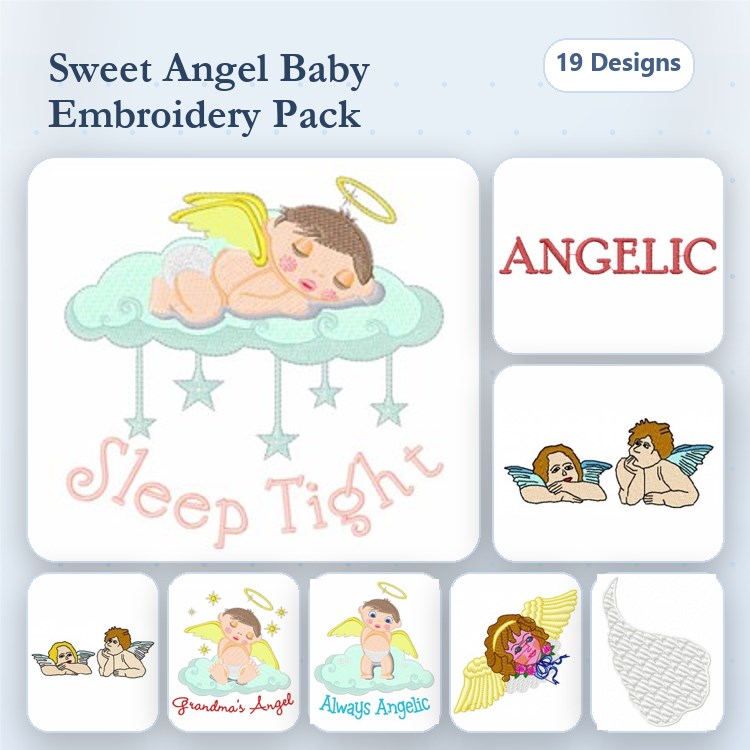 Angel Baby Embroidery Designs Bundle – Sleeping Baby Angel, Guardian Angel, Sleep Tight & More (19 Designs)