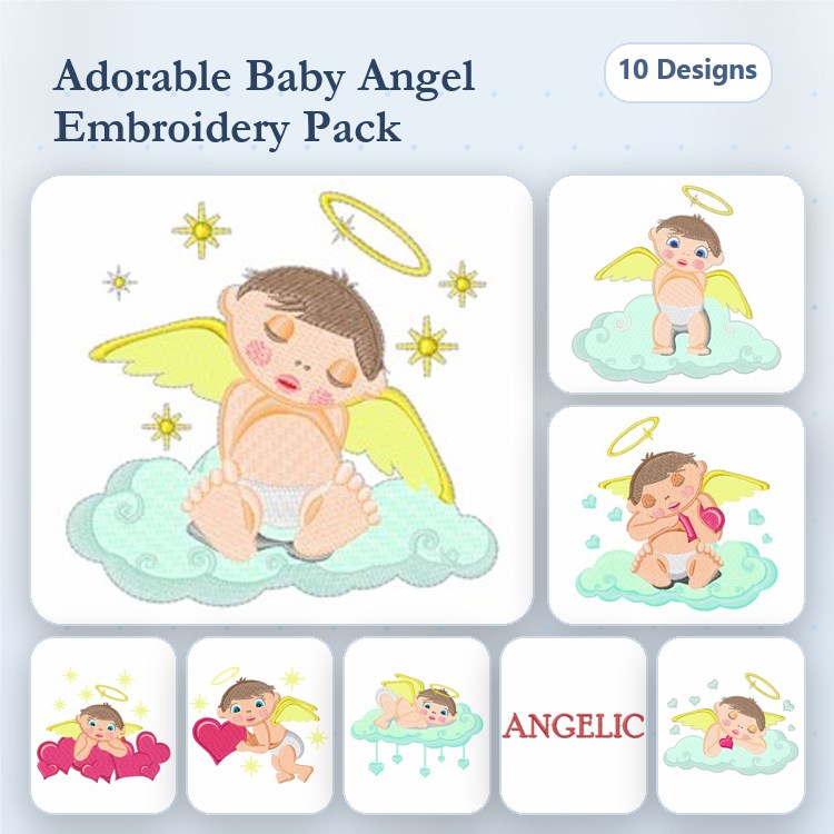 Adorable Baby Angels Embroidery Designs Bundle – Sleeping Baby Angel, Cuddle Baby Angel, Baby Angel with Heart & More (10 Designs)