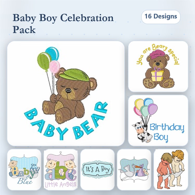 Baby Boy Celebration Embroidery Designs Bundle – Baby Bear with Balloons, It's a Boy, Teddy Bear Birthday & More (16 Designs)